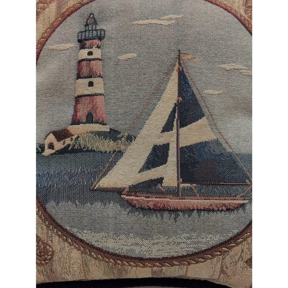 Nautical Tapestry Accent Pillow Vintage Lighthouse Sailboat Decor